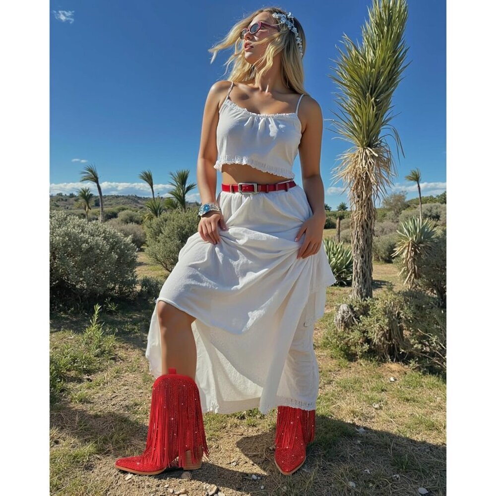 Women's Red Cowgirl Rhinestone Western Boots with Sparkly Fringe Pointed Toe - Picture 2 of 6